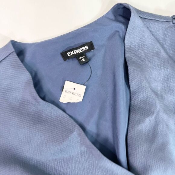 Express Wrap Dress Women's Medium Blue Balloon Sleeve Ruffle V-Neck Pleated NWT - Picture 3 of 12